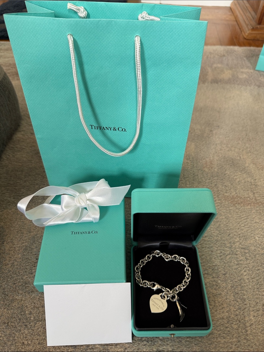 Tiffany & Co. Sterling Silver Heart Tag Bracelet with Blue Accents size 7.5
